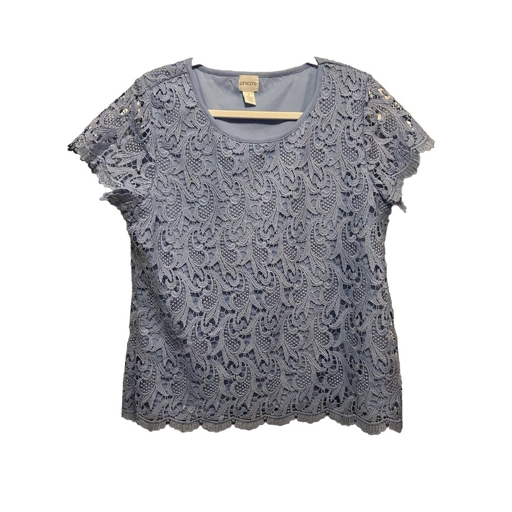 Chico's Scalloped Layering Lace Top Women's sz 1 M Blue Short Sleeve Shirt‎